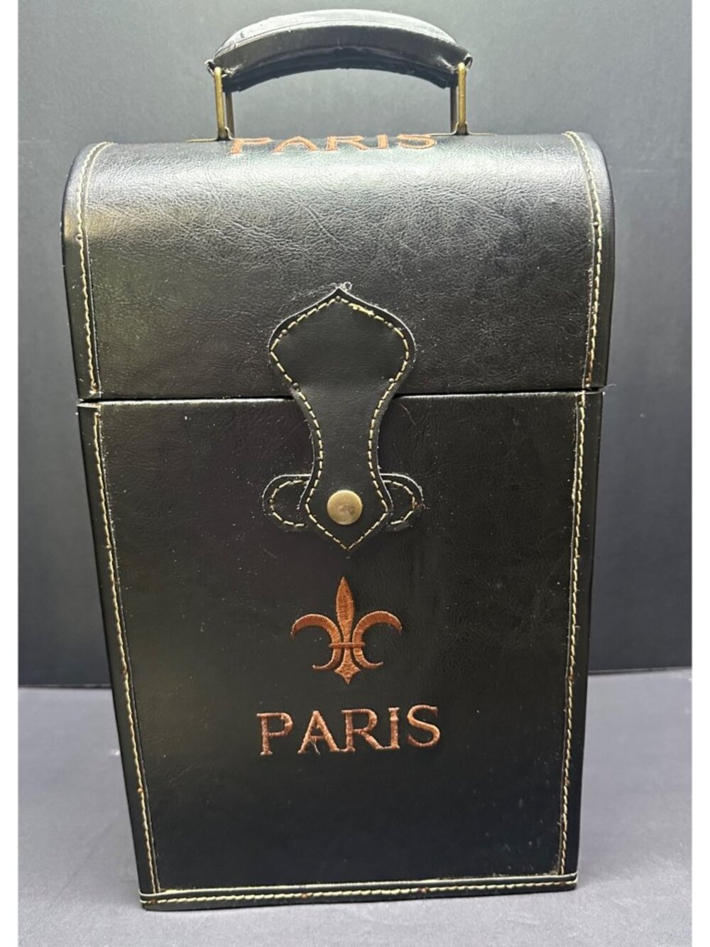 Vtg Paris Black Leather Style Wooden Wine Box Two Bottle Holder 16" Tall Handle
